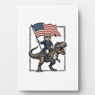 Patriotic Cat Riding Dinosaur Vintage Vector Desig Plaque