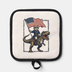Patriotic Cat Riding Dinosaur Vintage Vector Desig Pot Holder