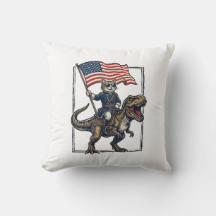 Patriotic Cat Riding Dinosaur Vintage Vector Desig Throw Pillow