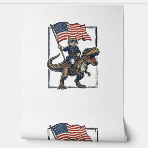 Patriotic Cat Riding Dinosaur Vintage Vector Desig Wallpaper