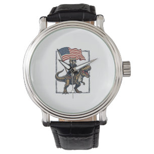 Patriotic Cat Riding Dinosaur Vintage Vector Desig Watch