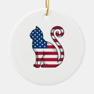Patriotic Cat Vintage Engraving Vector Design_1 Ceramic Ornament