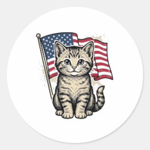 Patriotic Cat with American Flag Vintage Vector De Classic Round Sticker
