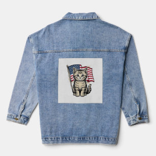 Patriotic Cat with American Flag Vintage Vector De Denim Jacket