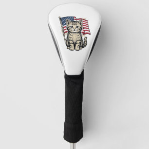 Patriotic Cat with American Flag Vintage Vector De Golf Head Cover