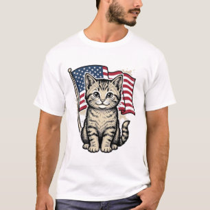 Patriotic Cat with American Flag Vintage Vector De T-Shirt