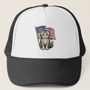 Patriotic Cat with American Flag Vintage Vector De Trucker Hat