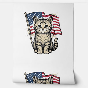 Patriotic Cat with American Flag Vintage Vector De Wallpaper