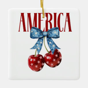 Patriotic Cherries with Stars and Bow Ceramic Ornament