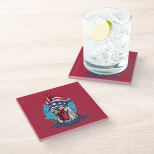 Patriotic Chicken in USA Bandana and Shades Glass Coaster
