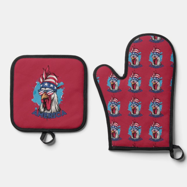 Patriotic Chicken in USA Bandana and Shades Oven Mitt & Pot Holder Set (Front)