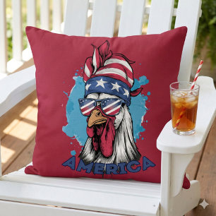 Patriotic Chicken in USA Bandana and Shades Throw Pillow
