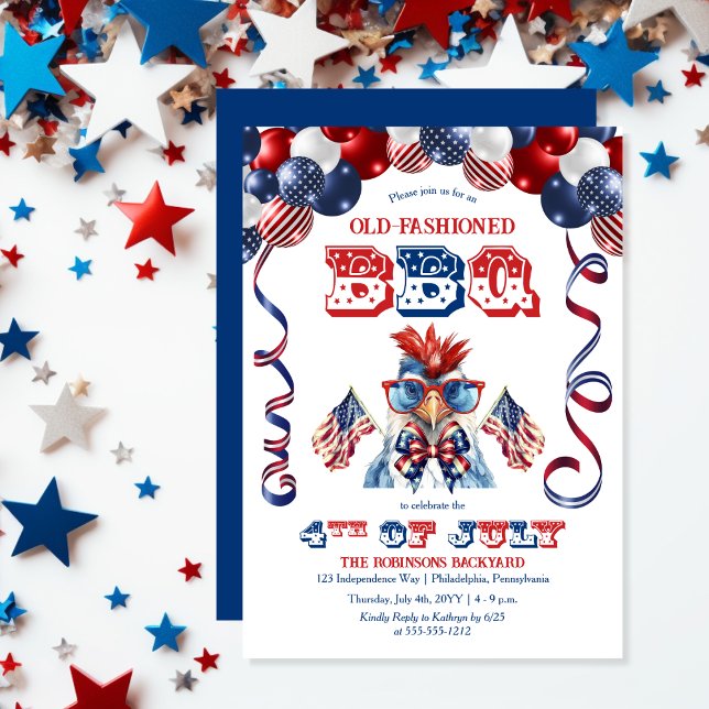 Patriotic Chicken Sunglasses 4th of July BBQ Party Invitation (Balloon Arch and Cute Cool Chicken Sporting Sunglasses 4th of July BBQ Invitation)