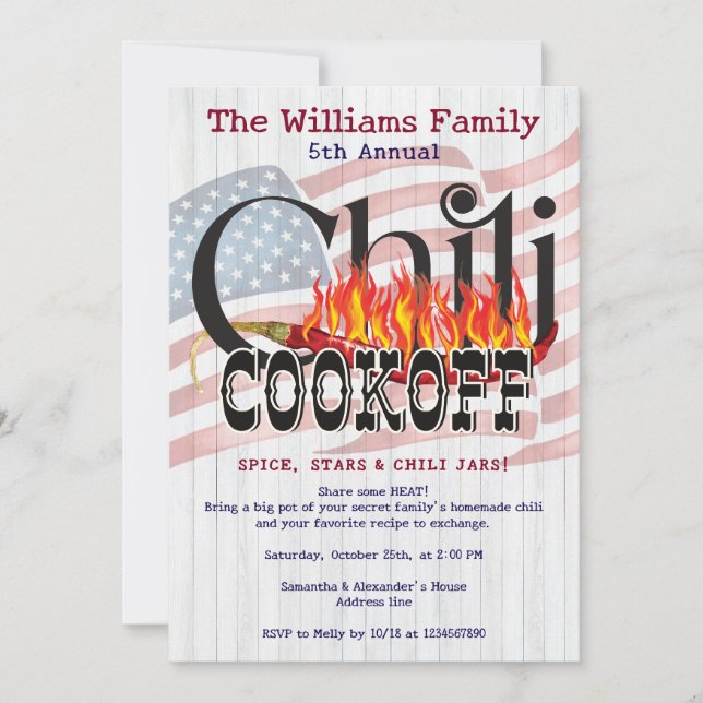 Patriotic Chili Cookoff Rustic Flag Fall Party Invitation (Front)