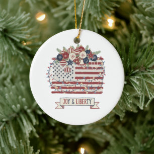 Patriotic Christmas American Flag "Joy & Liberty"  Ceramic Ornament
