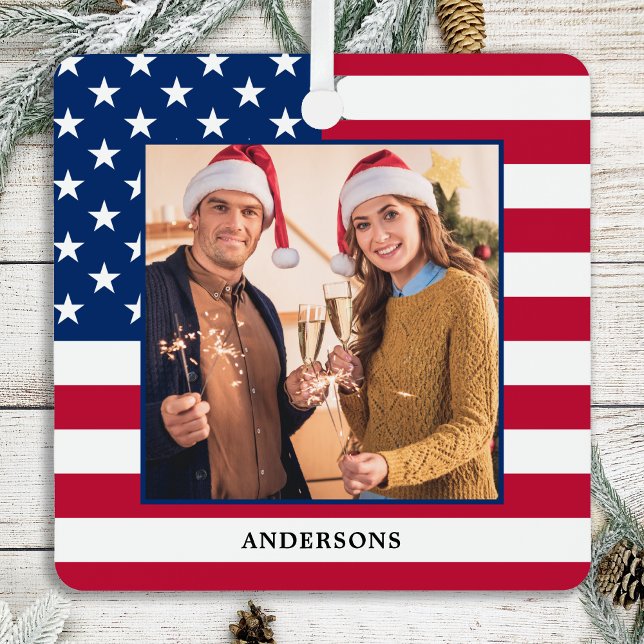 Patriotic Christmas Custom Photo USA American Flag Metal Ornament (Creator Uploaded)