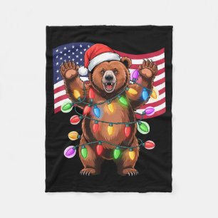 Patriotic Christmas Grizzly Bear Holiday Light San Fleece Blanket