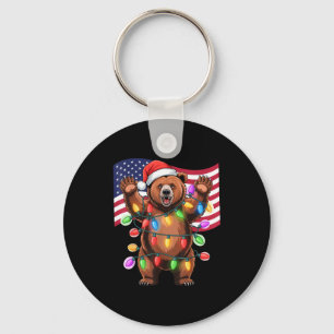 Patriotic Christmas Grizzly Bear Holiday Light San Keychain