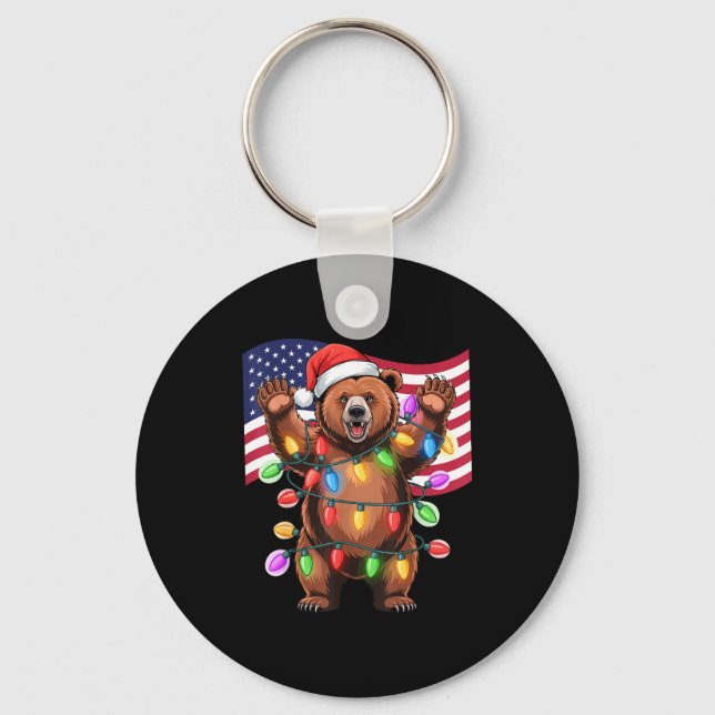 Patriotic Christmas Grizzly Bear Holiday Light San Keychain (Front)