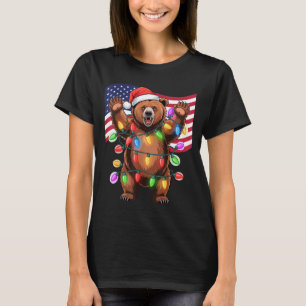 Patriotic Christmas Grizzly Bear Holiday Light San T-Shirt