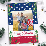 Patriotic Christmas Military Photo American Flag Holiday Card<br><div class="desc">Send Merry Christmas greetings to friends and family with this unique USA American Flag Christmas Card - USA American flag design modern red white blue design with holly and berries. Personalize with your favourite photo and family name. This patriotic Christmas card is perfect for military families, veterans, patriotic family christmas...</div>