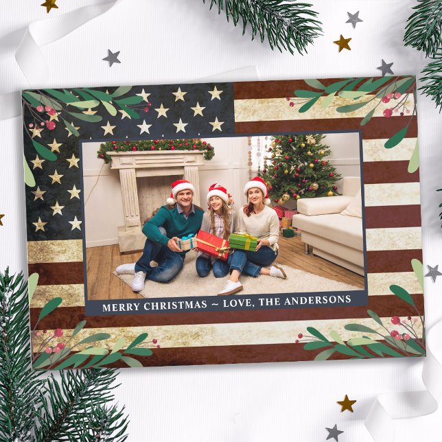 Patriotic Christmas Photo Vintage American Flag  Holiday Card (Creator Uploaded)