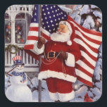 Patriotic Christmas Santa Holding American Flag Square Sticker<br><div class="desc">Patriotic Christmas Santa Holding American Flag Holiday Sticker.</div>