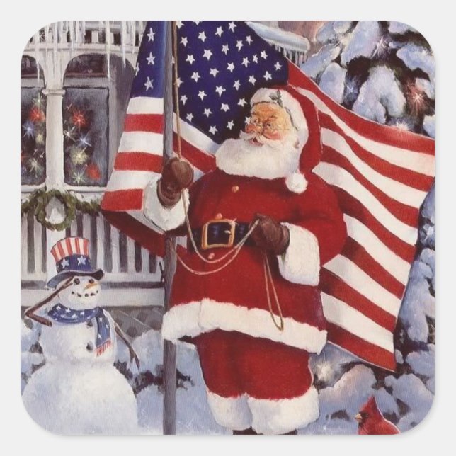 Patriotic Christmas Santa Holding American Flag Square Sticker (Front)