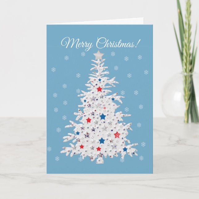 Patriotic Christmas Tree on blue Holiday Card (Front)