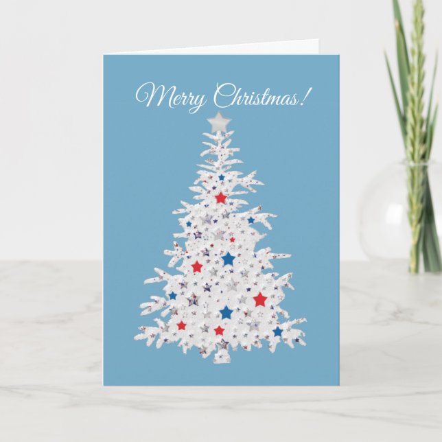 Patriotic Christmas Tree on blue Holiday Card (Front)