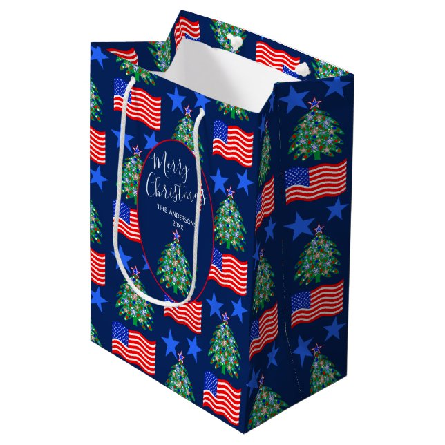 Patriotic Christmas Tree Pattern Personalized Medium Gift Bag (Front Angled)