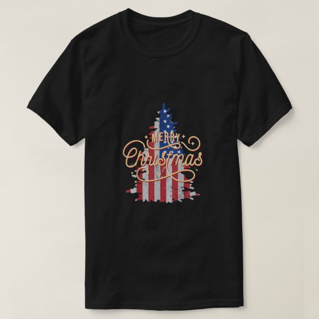 Patriotic Christmas Tree US Flag Retro Merry Chris T-Shirt (Design Front)