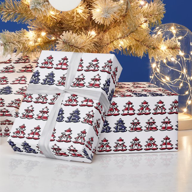 Patriotic Christmas Trees Merry XMAS Wrapping Paper (Holidays)