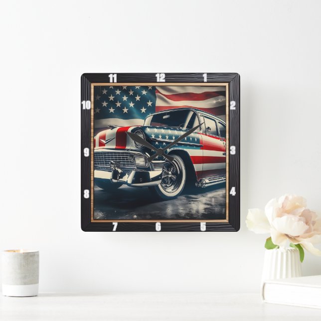 Patriotic Classic Car Square Wall Clock (Home)