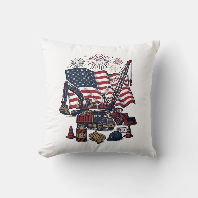 Patriotic Construction USA Vintage Throw Pillow (Front)