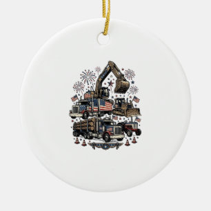 Patriotic Construction Vehicles Vintage Shirt Desi Ceramic Ornament