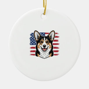 Patriotic Corgi American Flag Vintage Vector Desig Ceramic Ornament