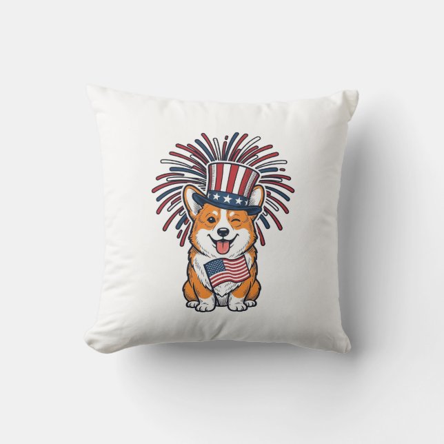 Patriotic Corgi Fireworks Dog Vector Design_1 Throw Pillow (Front)