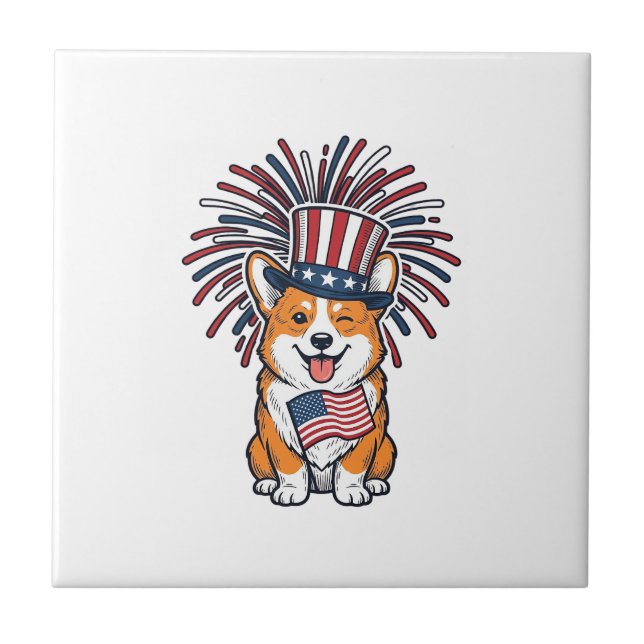 Patriotic Corgi Fireworks Dog Vector Design_1 Tile (Front)