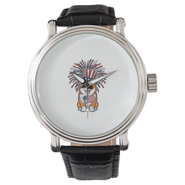 Patriotic Corgi Fireworks Dog Vector Design_1 Watch (Front)
