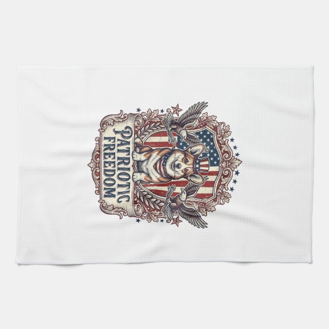 Patriotic Corgi Vector Graphic Tee_1 Kitchen Towel (Horizontal)