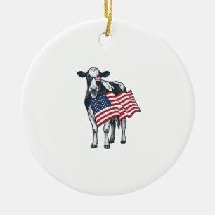 Patriotic Cow American Flag Vintage Engraving Desi Ceramic Ornament