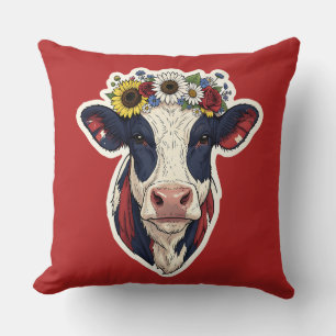 Patriotic Cow Floral Crown 4th of July Throw Pillow