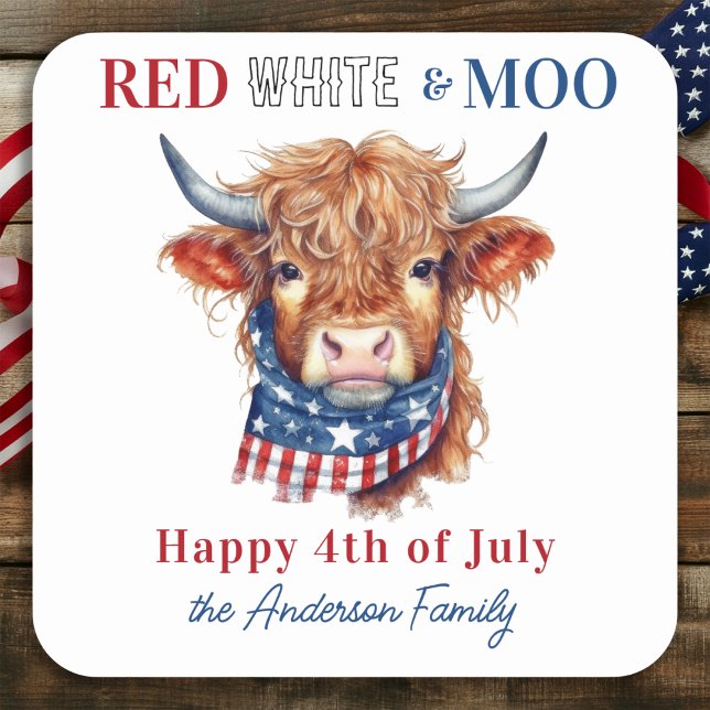 Patriotic Cow Happy 4th Of July Red White Blue Square Sticker (Creator Uploaded)