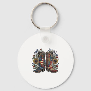 Patriotic Cowboy Boots Sunflower Floral Shirt Desi Keychain