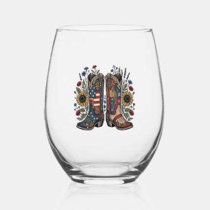 Patriotic Cowboy Boots Sunflower Floral Shirt Desi Stemless Wine Glass