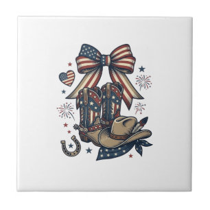 Patriotic Cowgirl Boots and Bow Western Shirt Desi Tile