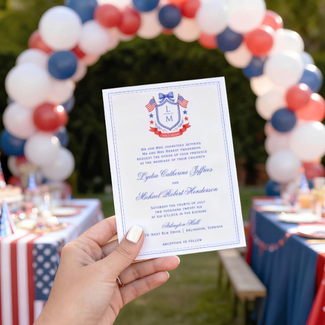 Patriotic Crest w/ US Flags | Monogram Wedding Invitation (Creator Uploaded)