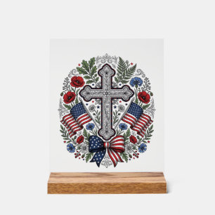Patriotic Cross Floral Flag Vintage Acrylic Sign