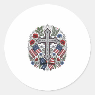 Patriotic Cross Floral Flag Vintage Classic Round Sticker